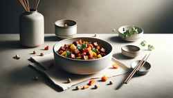 Image of a minimalist dining table with Smoky Asian BBQ Jackfruit Stew in a modern bowl, garnished with cilantro, accompanied by chopsticks, against a neutral backdrop.