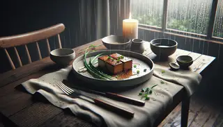 Image of Smokey Maple Miso Tofu Steaks on a minimalist plate, garnished with scallions and sesame seeds, set against a cozy, rainy backdrop.