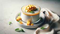 Vegan Mango Coconut Panna Cotta Vegan mango and coconut panna cotta, garnished with fresh mango slices and mint, presented elegantly on a simple, minimalist table.