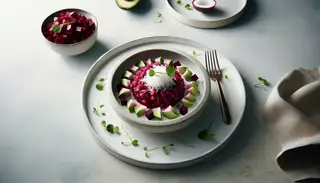 Image of a Beetroot and Coconut Tartare on a minimalist table setting, adorned with avocado and microgreens, highlighted by natural light.