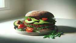 Open-faced vegan minced gourmet sandwich on a whole-grain bun with avocado, cherry tomatoes, and arugula, in a bright, minimalist setting.
