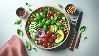 Vibrant and fresh salad with mixed greens, cherry tomatoes, cucumber, avocado, chickpeas, and basil on a clean table setting.