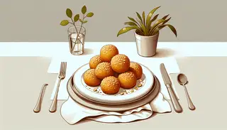 Golden-brown potato rounds with panko-nut crust on a white plate, minimalist table setting with a simple vase and cutlery, neutral background.