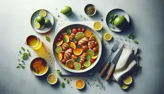 Image: A tangy citrus and herb marinade showcased in a dish, placed on a clean table. Vibrant hues highlight the fresh and zesty flavors.