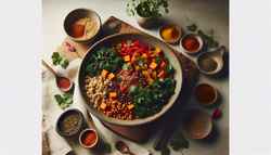 Vegan African millet dish with lentils, sweet potatoes, kale, and red bell peppers, garnished with cilantro, spices visible, served in a bowl under natural light.