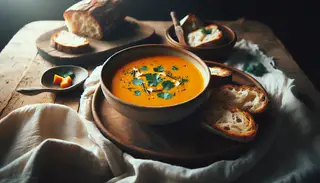 Serene table setting with a bowl of creamy orange Vegan Sweet Potato Coconut Curry Soup garnished with cilantro, crusty bread slices on a rustic plate, on a natural wood table under soft lighting.