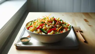 Vibrant Asian-inspired vegan macaroni salad in a white bowl on a wooden table, highlighted by natural light, featuring red bell pepper, carrot, scallions, and sesame seeds.