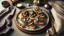 Woody Vegan Mushroom Bruschetta Plate of vegan mushroom bruschetta on toasted baguette, topped with sautéed wild mushrooms, vegan parmesan, and parsley, set in a rustic-refined setting.