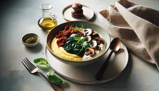 Creamy polenta brunch bowl with sautéed mushrooms and spinach, topped with sun-dried tomato cashew cream and fresh basil, on a simple, elegant table setting.