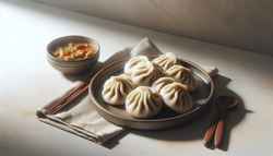Realistic vegan African steamed dumplings on a ceramic plate, with a spicy dipping sauce, soft natural lighting, and a neutral background.