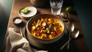 Image of spicy jackfruit coconut curry in a rustic bowl on a dark wooden table, with utensils, a napkin, and a water glass. Warm, cozy dining ambiance.