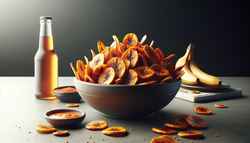 Crunchy, spicy plantain chips on a clean table setting, inviting viewers to savor their African-inspired goodness.