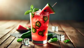 A tall glass of spicy watermelon jalapeño drink on rustic wooden table, garnished with mint, ice cubes, and summer vibes.