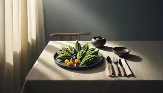 Elegant plate of Bitter Melon & Mushroom Dumplings on a minimalist table, bathed in natural light, highlighting vibrant textures and colors.