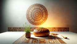 A golden brown, Spicy African Bread with aromatic spices placed on a minimalist table. Traditional African patterns subtly incorporated in the background. Warm light enhances the bread's colors, with a garnish of fresh herbs nearby.