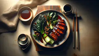 Image of smoky grilled jackfruit with hoisin sauce on a bed of Asian greens, served on a wooden table with ceramic tableware under warm lighting.