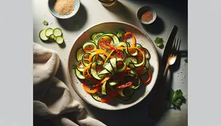 Elegant vegan zucchini ribbon salad in a shallow bowl, with toasted sesame dressing, sesame seeds, and fresh cilantro, emphasizing freshness and color.