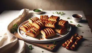 Vegan BBQ flaky twists on a white plate, caramelized onions and vegan cheese visible, garnished with parsley on a wooden table.
