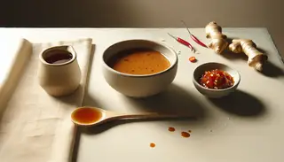 Minimalist dining setup with a vibrant vegan sauce in a bowl, speckled with chili, garlic, and ginger, alongside a wooden spoon, against a neutral backdrop.