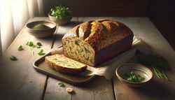 Golden-brown vegan herb bread on a wooden table, sprinkled with sesame seeds, cut open to reveal basil, cilantro, and ginger, beside fresh herbs on a ceramic plate, in natural light.