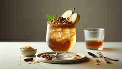 Image of a Crunchy Apple Cider Drink on a minimalistic table, featuring apple slices, walnuts, granola, and crushed ice in a clear glass.