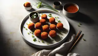 Minimalist table setting with golden brown, bite-sized vegan sweet potato croquettes on a light plate, cilantro garnish, side bowl of tangy sauce, and soft natural lighting.