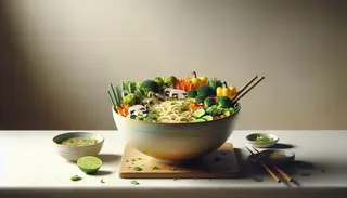 Vibrant Vegan Miso Coconut Ramen in a bowl, surrounded by colorful vegetables and garnished with green onions, cilantro, and sesame seeds.