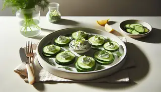 Elegant cucumber slices topped with vegan cream cheese and herbs on a chic, light dish, displayed on a clean table in natural light.