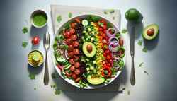 A vibrant salad with quinoa, cherry tomatoes, avocado, and more, drizzled with zesty lime dressing, set on a clean, elegant table.