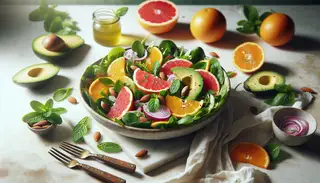 A vibrant citrus salad with spring mix, orange, grapefruit, avocado, red onions, almonds, and mint, drizzled with zesty vinaigrette.