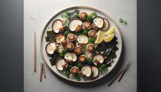 Hyperrealistic image of a vegan seafood platter with golden fried king oyster mushrooms as scallops, crispy nori, lemon wedges, and parsley on a minimalist table.