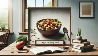 Vegan crumbly lunch dish with savory textures, in a serene and inviting setting, ready to be enjoyed