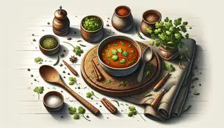 A comforting African-inspired rustic dinner setup with a vibrant bowl of hearty soup as the centerpiece, garnished with fresh cilantro.
