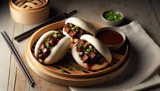 Soft, pillowy vegan BBQ bao buns on a minimalist table, filled with smoky jackfruit and garnished with spring onions, beside a hoisin sauce dip.