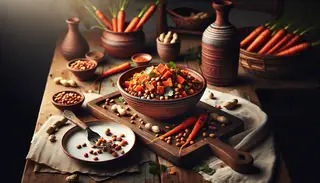 Image of a Berbere Spiced Carrot and Lentil Salad in a rustic bowl on a wooden table, with peanuts on a white plate.