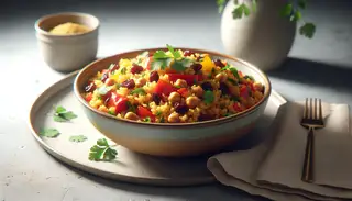 Vibrant African vegan pilaf in an elegant bowl, with millet, peppers, chickpeas, and cilantro, on a minimalist table with subtle decor.