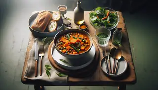 Vegan African spiced carrot and lentil stew in a stylish bowl on a rustic table, with bread, salad, and natural light highlighting its colors.