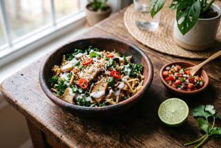 A bowl of shredded cassava and mushroom breakfast hash with greens and coconut sauce on a wooden table.