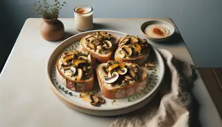 Image of Vegan Smothered Bread à la Isabella: four slices of golden bread topped with creamy mushrooms, herbs, and spices on a simple table.