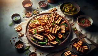 A tantalizing vegan snack featuring golden brown, crispy tofu slices emitting a smoky aroma, adorned with fresh green garnish on an uncluttered table.