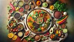 Visualize an appetizing image of a tastefully set umami lunch table, emphasizing a tantalizing plant-based African cuisine. The table is decorated with vivacious colors and different textures, encapsulating the heart of African culinary art. The main dish is the cynosure, featuring aromatic quinoa and a mixed vegetable array, garnished with freshly plucked parsley. Elements that echo the diverse panorama of African ingredients, such as bowls filled with various aromatic spices, colorful tropical fruits, and an array of locally gathered ingredients adorn the surrounding table. The overall image breathes warmth and allure, inviting the viewer to partake in the irresistible umami allure of this vegan African feast.