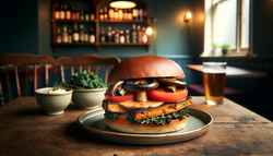 Vegan sandwich with jackfruit and mushrooms on a brioche bun, surrounded by minimalist decor and warm lighting.