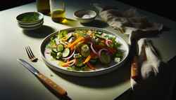 Elegant dining table setting with a vegan pickled vegetable and feta salad on a white plate, highlighted by natural light.