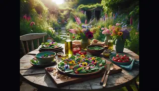 Create an image of a vibrant table set in a lush garden during a sunny day. The table is adorned with a Vegan BBQ: Floral Side Dish. On the weathered wooden table are rustic wooden plates and utensils. The side dish boasts a variety of colorful edible flowers, fresh baby spinach, juicy cherry tomatoes, thinly sliced red onions, fragrant basil leaves, and toasted pine nuts drizzled with a dressing made from extra virgin olive oil, zesty lemon juice, and a pinch of salt and pepper. The natural beauty and enticing aroma of the dish takes center stage, surrounded by the serene garden ambiance. The scene exemplifies a summer BBQ gathering celebrating nature's bounty and the creativity of vegan cuisine.