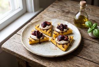 Grilled Polenta Crostini with Charred Balsamic Strawberries and Herbed Cashew Ricotta Grilled golden polenta triangles topped with white cashew cream and charred balsamic strawberries on a rustic ceramic plate.
