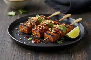 Charred miso-maple tempeh skewers on a wabi-sabi plate with chili oil and herbs. A wood-fired bridge of heritage and plant-based umami.