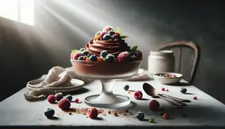 Velvety vegan Chocolate Coconut Mousse with fresh berries, showcased in a minimalist setting, inviting guilt-free indulgence.