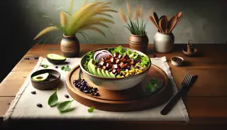 An elegant vegan BBQ Jackfruit Salad served on a wooden table, featuring smoky jackfruit, avocado, red onion, black beans, and corn.