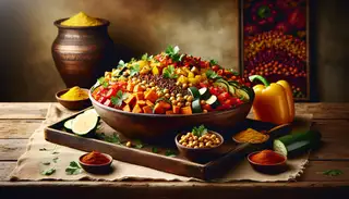 Vegan African buffet platter with sorghum, vegetables, chickpeas, and spices, garnished with coriander on a wooden table.