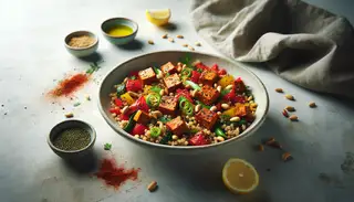Modern meze dish with smoked tempeh, quinoa, roasted peppers, scallions, pine nuts, and parsley on a clean table, vibrant and inviting.